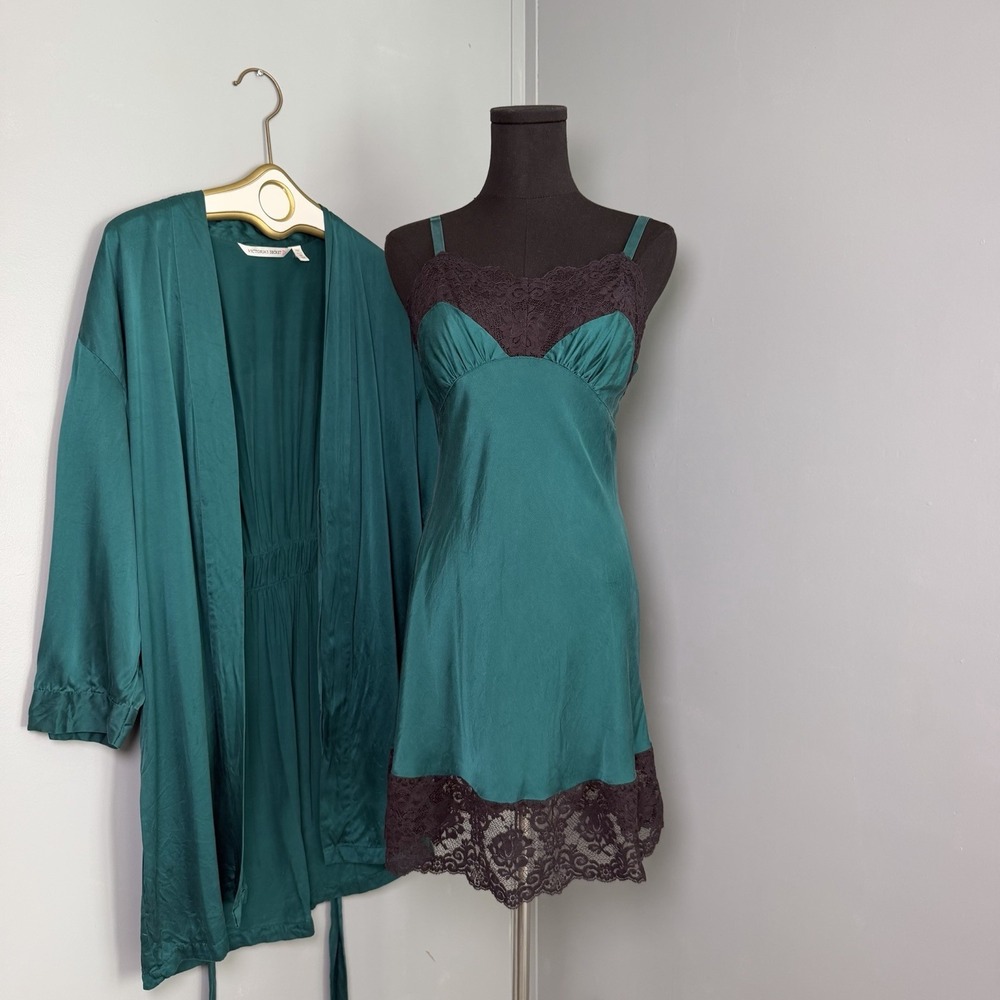 Vintage Victoria Secret Emerald Green Silk Slip Dress & Robe Floral Lace Trim S
